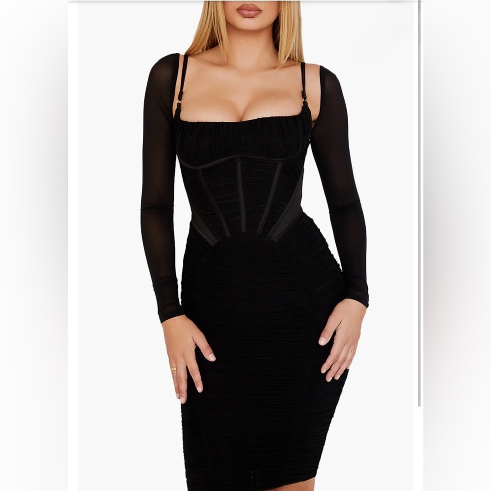 House of CB Freyja Satin Ruched Long Sleeve Body-Con Dress - Black XS A/C NWT